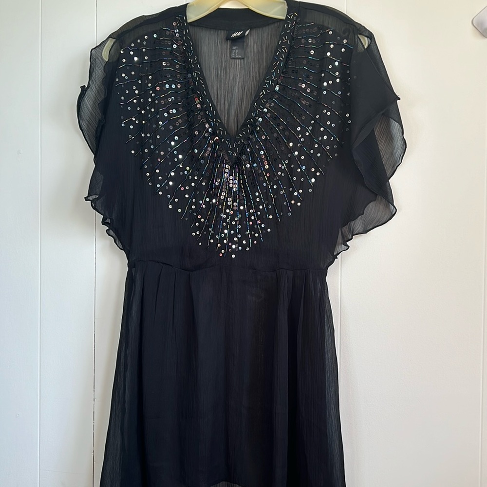 H&M Black Beaded Sequined Sundress Coverup Women’s Size 2 EUC Sheer Dress